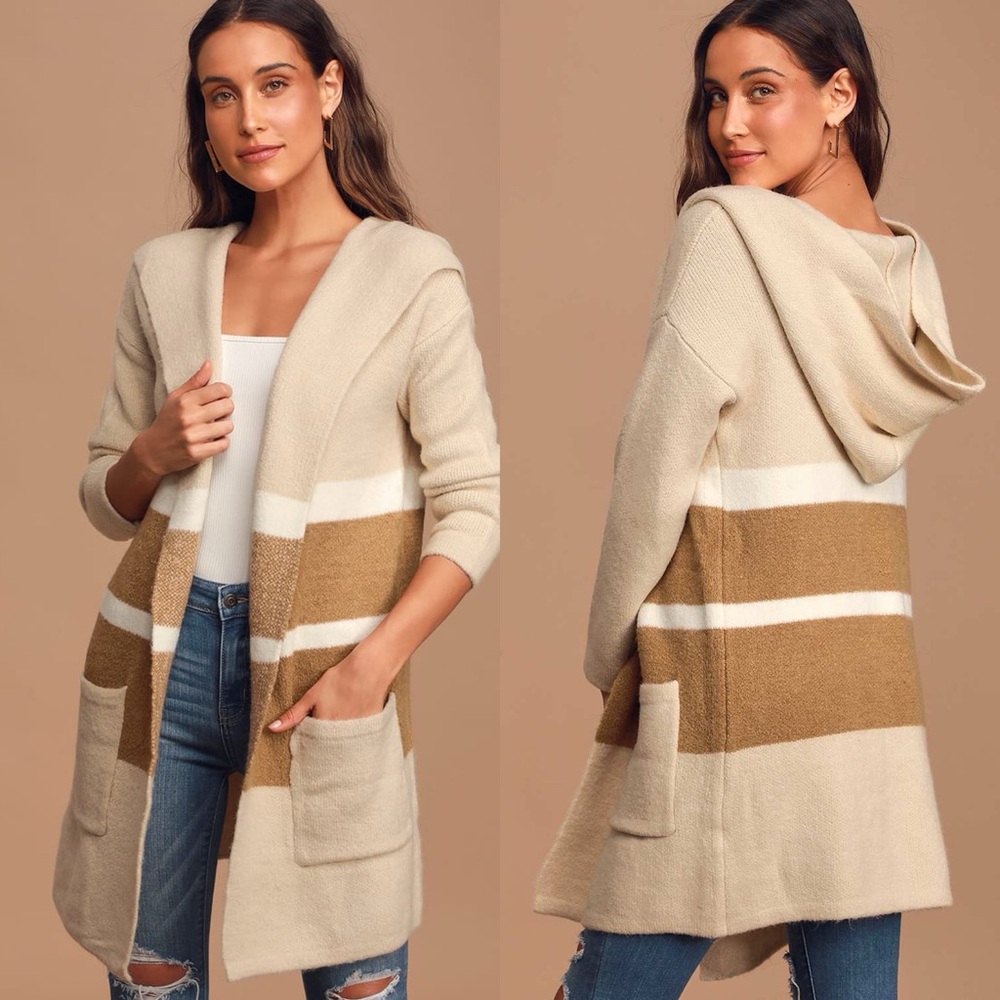 Lulus | Carlsbad Tan and Beige Hooded Cardigan Sweater